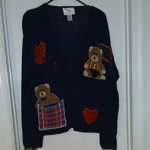SML Sports LTD Vintage Navy Cardigan with Bear and Heart Patches. Front Pockets.